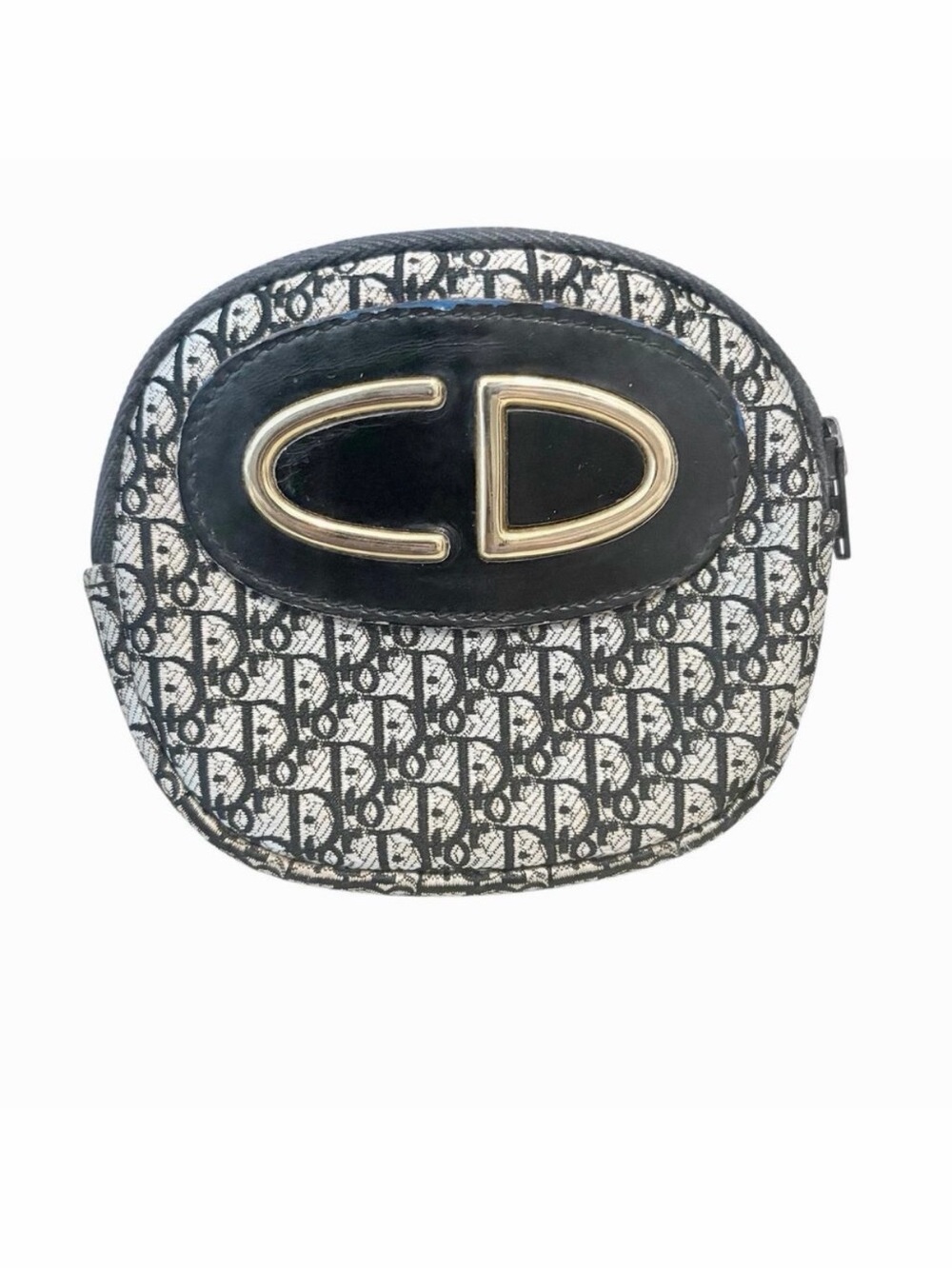 Christian Dior Vintage Trotter Monogram Oval Zip Coin Purse Pouch Black Gray